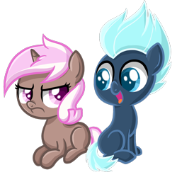 Size: 1440x1440 | Tagged: safe, artist:thecheeseburger, character:lightning flare, species:earth pony, species:pony, species:unicorn, 5-year-old, background pony, brown sugar, colt, duo, filly, foal, male, simple background, transparent background