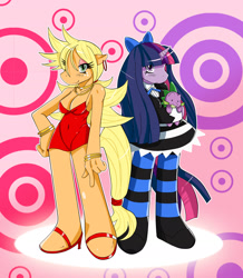 Size: 1605x1837 | Tagged: safe, artist:ss2sonic, character:applejack, character:spike, character:twilight sparkle, species:anthro, belly button, blue mane, blue tail, bracelet, cleavage, clothing, cosplay, costume, dress, earring, eyelashes, eyeshadow, female, freckles, goth, high heels, horn, long mane, long tail, multicolored hair, panty and stocking with garterbelt, pink mane, pink tail, purple mane, purple tail, ribbon, shoes, skintight clothes, stockings, tail, yellow mane, yellow tail