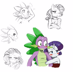 Size: 3000x3000 | Tagged: safe, artist:ss2sonic, character:rarity, character:spike, species:anthro, ship:sparity, ..., blushing, bust, clothing, coat, crossed arms, crying, female, looking at you, looking away, looking back, looking back at you, male, one eye closed, open mouth, shipping, simple background, sketch, sketch dump, straight, sweat, sweater, tsundere, tsunderity, turtleneck, white background