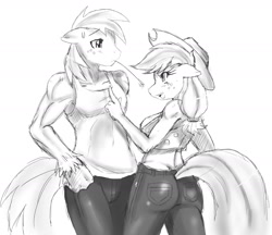 Size: 1959x1691 | Tagged: safe, artist:ss2sonic, character:applejack, character:big mcintosh, species:anthro, artifact, ass, clothing, jeans, monochrome, scolding, sketch, sweat, tank top, wedgie