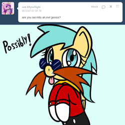 Size: 750x750 | Tagged: safe, artist:datahmedz, character:sunshower raindrops, species:pony, ask, clothing, cosplay, costume, crossover, doctor eggman, female, raindropsanswers, solo, sonic the hedgehog (series), tongue out, tumblr