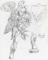 Size: 1635x2035 | Tagged: safe, artist:quakehoof, oc, oc only, oc:cloudwing, species:anthro, species:pegasus, species:pony, species:unguligrade anthro, armor, crystal, cutie mark, feedback requested, hammer, lightforge, monochrome, sword, traditional art, war hammer, warcraft, wip, world of warcraft, wrinkle