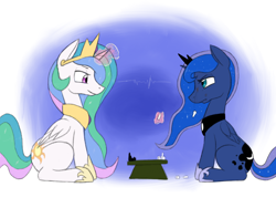 Size: 1024x768 | Tagged: safe, artist:trickydick, character:princess celestia, character:princess luna, bruised, chess, duo, eye contact, frown, glare, injured, magic, smiling, telekinesis, throwing, unamused