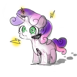 Size: 800x800 | Tagged: safe, artist:weiliy, character:sweetie belle, species:pony, species:unicorn, sweetie bot, crying, damaged, electricity, female, filly, frown, hooves, horn, pixiv, robot, robot pony, sad, simple background, solo, teary eyes, white background
