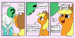 Size: 1276x643 | Tagged: safe, artist:trickydick, edit, character:applejack, oc, oc:anon, species:human, episode:slice of life, g4, my little pony: friendship is magic, behaving like a dog, comic, cute, jackabetes, overanalyzing, parody, three panel soul, who's a good pony