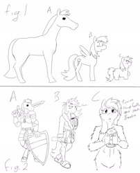 Size: 2428x3004 | Tagged: safe, artist:fluffsplosion, character:princess luna, character:rainbow dash, species:anthro, anthro fluffy, coffee, comparison, fluffy pony, furry, horse, monochrome, sketch