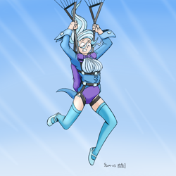 Size: 2000x2000 | Tagged: safe, artist:phallen1, artist:shoxxe, character:trixie, species:human, air ponyville, fear, humanized, light skin, parachute, scared, skydiving