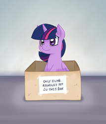 Size: 850x992 | Tagged: safe, artist:adequality, artist:trickydick, character:twilight sparkle, character:twilight sparkle (alicorn), species:alicorn, species:pony, behaving like a cat, box, cute, female, mare, parody, ponified animal photo, pony in a box, sitting, smiling, solo, vulgar