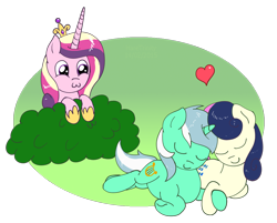 Size: 1126x907 | Tagged: safe, artist:haretrinity, character:bon bon, character:lyra heartstrings, character:princess cadance, character:sweetie drops, ship:lyrabon, :3, bush, female, lesbian, princess of shipping, shipper on deck, shipping, simple background, transparent background, voyeur cadance, voyeurism