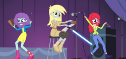 Size: 1893x885 | Tagged: safe, artist:thecheeseburger, edit, edited screencap, screencap, character:derpy hooves, my little pony:equestria girls, background human, beard, beard edit, blueberry pie, crossover, facial hair, lightsaber, musical instrument, musical saw, raspberry fluff, star wars