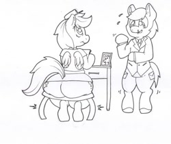 Size: 640x537 | Tagged: safe, artist:zacharyisaacs, character:derpy hooves, species:pony, blood, bubble butt, chubby, large butt, monochrome, nosebleed, random pony, seat