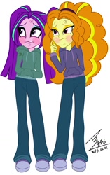 Size: 900x1429 | Tagged: safe, artist:bluse, character:adagio dazzle, character:aria blaze, my little pony:equestria girls, background removed, female, homeless, poverty, show accurate, signature, simple background, white background