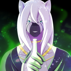 Size: 1700x1700 | Tagged: safe, artist:marik azemus34, character:zecora, species:anthro, species:zebra, alternate hairstyle, bedroom eyes, dark background, evil grin, flask, green eyes, looking at you, offering, potion, temptation, vial