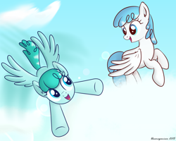 Size: 2000x1600 | Tagged: safe, artist:bluemeganium, character:spring melody, character:sprinkle medley, character:white lightning, species:pegasus, species:pony, cloud, cloudy, eye contact, female, flying, mare, open mouth, sky, smiling