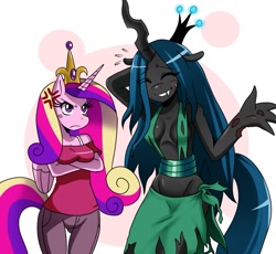 Size: 1435x1321 | Tagged: safe, artist:ss2sonic, character:princess cadance, character:queen chrysalis, species:anthro, arm under breasts, blushing, smiling