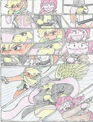 Size: 1244x1624 | Tagged: safe, artist:flicker-show, character:applejack, character:fluttershy, character:pinkie pie, species:pony, bandolier, bipedal, comic, cowboy, crossover, gun, mexican standoff, semi-anthro, the good the bad and the ugly, traditional art