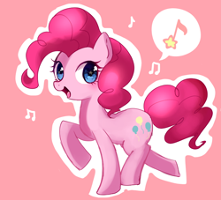 Size: 700x636 | Tagged: safe, artist:weiliy, character:pinkie pie, species:earth pony, species:pony, cute, diapinkes, female, mare, music notes, open mouth, pink background, pixiv, simple background, smiling pinkie pie tolts left, solo