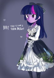 Size: 700x1000 | Tagged: safe, artist:weiliy, character:twilight sparkle, my little pony:equestria girls, alternate costumes, arm under breasts, baby the stars shine bright, blouse, bow, classic lolita, clothing, cute, dress, female, floating heart, frilly dress, gradient background, hair bow, heart, lolita fashion, petticoat, pixiv, socks, solo, standing, stockings, text, thigh highs, twiabetes