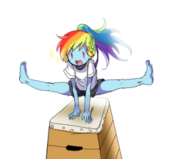 Size: 585x524 | Tagged: safe, artist:weiliy, character:rainbow dash, my little pony:equestria girls, alternate hairstyle, barefoot, feet, female, flexible, gymnastics, jumping, pixiv, ponytail, solo, splits
