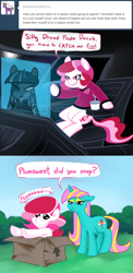 Size: 700x1429 | Tagged: safe, artist:peachiekeenie, character:dewdrop dazzle, character:plumsweet, ask plumsweet, ask, box, clothing, comic, space, spaceship, tumblr