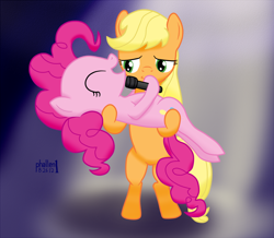 Size: 1080x942 | Tagged: safe, artist:phallen1, character:applejack, character:pinkie pie, ship:applepie, bipedal, carrying, female, lesbian, shipping, singing