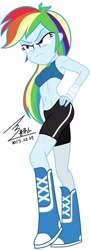 Size: 900x2488 | Tagged: safe, artist:bluse, character:rainbow dash, my little pony:equestria girls, abs, arm wraps, armpits, athletic tape, background removed, belly button, clothing, female, fit, midriff, muscles, rainbuff dash, show accurate, signature, simple background, solo, sports bra, sports shorts, white background