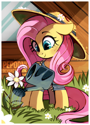 Size: 1600x2219 | Tagged: safe, artist:pepooni, character:fluttershy, species:pony, clothing, cute, female, floppy ears, flower, gardening, hat, shyabetes, solo, straw hat, watering can