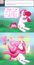 Size: 700x1302 | Tagged: safe, artist:peachiekeenie, character:plumsweet, species:earth pony, species:pony, ask plumsweet, ask, comic, female, flowing mane, hairflip, heart, long mane, solo, tumblr