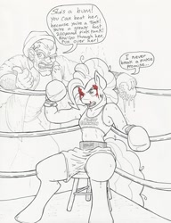 Size: 1244x1624 | Tagged: safe, artist:flicker-show, character:pinkie pie, species:anthro, species:human, species:unguligrade anthro, blood, boxing, boxing gloves, crossover, mickey goldmill, pep talk, rocky (movie), rocky balboa, traditional art