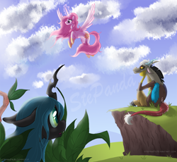 Size: 1200x1102 | Tagged: safe, artist:stepandy, character:discord, character:princess celestia, character:queen chrysalis, species:changeling, ship:discolis, ship:dislestia, changeling queen, female, love triangle, male, scenery, shipping, straight
