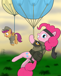 Size: 1000x1250 | Tagged: safe, artist:phallen1, character:pinkie pie, character:scootaloo, species:pegasus, species:pony, balloon, big boss, chico, clothing, crossover, duo, fulton surface-to-air recovery system, konami, metal gear, military uniform, peace walker