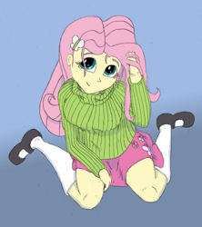 Size: 1000x1124 | Tagged: safe, artist:bigmacintosh2000, character:fluttershy, my little pony:equestria girls, clothing, cute, looking up, shoes, sitting, skirt, socks, sweater, sweatershy, turtleneck