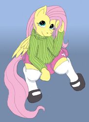 Size: 1000x1366 | Tagged: safe, artist:bigmacintosh2000, character:fluttershy, clothing, cute, looking up, shoes, sitting, skirt, socks, sweater, sweatershy, turtleneck