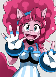 Size: 1244x1708 | Tagged: safe, artist:ss2sonic, character:pinkie pie, species:anthro, afro, alternate hairstyle, bracelet, breasts, busty pinkie pie, clothing, female, fingerless gloves, four fingers, gloves, headband, older