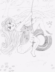 Size: 2471x3221 | Tagged: safe, artist:bigmacintosh2000, character:fluttershy, my little pony:equestria girls, barefoot, clothing, dress, feet, monochrome, pencil drawing, smiling, swing, tire swing, traditional art