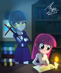 Size: 1100x1301 | Tagged: safe, artist:bluse, character:cloudy quartz, character:pinkamena diane pie, character:pinkie pie, my little pony:equestria girls, book, candle, female, frown, glare, glasses, reading, show accurate, studying