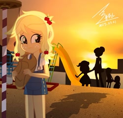 Size: 1000x959 | Tagged: safe, artist:bluse, character:applejack, my little pony:equestria girls, cute, feels, female, jackabetes, my parents are dead, show accurate, silhouette, younger
