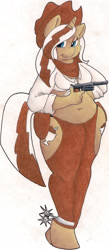 Size: 834x1920 | Tagged: safe, artist:zacharyisaacs, oc, oc only, oc:hot fudge, species:anthro, belly button, chubby, clothing, colored, gun, hat, no trigger discipline, revolver, solo, western