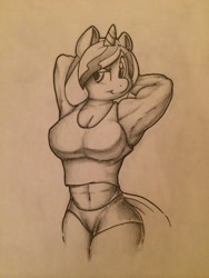 Size: 960x1280 | Tagged: safe, artist:zacharyisaacs, oc, oc only, oc:hot fudge, species:anthro, abs, armpits, belly button, big breasts, breasts, cleavage, clothing, female, midriff, monochrome, muscles, tank top