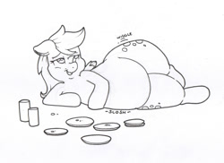 Size: 1280x930 | Tagged: safe, artist:zacharyisaacs, character:derpy hooves, species:pegasus, species:pony, aderpose, background pony, belly, chubby, drink, fat, female, food, large butt, mare, monochrome, solo, stomach noise, thunder thighs, weight gain, wide hips