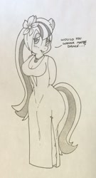 Size: 693x1280 | Tagged: safe, artist:zacharyisaacs, character:sonata dusk, species:anthro, breasts, busty sonata dusk, cleavage, clothing, dialogue, dress, female, monochrome, ponified, shy, solo