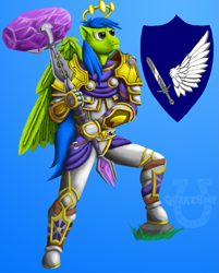 Size: 1063x1323 | Tagged: safe, artist:quakehoof, oc, oc only, oc:cloudwing, species:anthro, species:unguligrade anthro, armor, gradient background, solo, war hammer, warcraft, weapon, world of warcraft