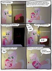 Size: 802x1102 | Tagged: safe, artist:frank1605, artist:kturtle, character:pinkie pie, species:earth pony, species:pony, comic:the story of granny pie, bed, candle, closet, clothes hanger, comic, dialogue, eyes closed, female, filly, glasses, granny pie, heart, lidded eyes, mare, pillow, spanish, translation