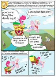 Size: 802x1095 | Tagged: safe, artist:frank1605, artist:kturtle, character:derpy hooves, character:pinkie pie, species:earth pony, species:pegasus, species:pony, comic:the story of granny pie, comic, dialogue, eyes closed, female, filly, flying, granny pie, mare, music notes, smiling, spanish, translation