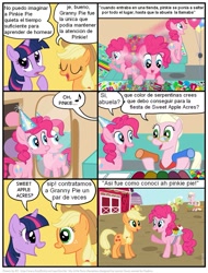 Size: 827x1089 | Tagged: safe, artist:frank1605, artist:kturtle, character:applejack, character:granny smith, character:pinkie pie, character:twilight sparkle, species:earth pony, species:pony, species:unicorn, comic:the story of granny pie, clothing, comic, dialogue, eyes closed, granny pie, hat, looking at each other, mirror, music notes, party hat, raised hoof, smiling, spanish, translation