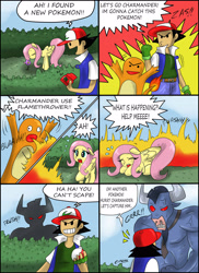 Size: 2550x3506 | Tagged: safe, artist:ciriliko, character:fluttershy, character:iron will, angry, ash ketchum, charmander, comic, creeper, crossover, fire, frush, pokedex, pokémon, red eyes, this will end in tears, zas