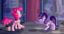 Size: 3745x2000 | Tagged: safe, artist:discorded, character:pinkie pie, character:starlight glimmer, species:earth pony, species:pony, species:unicorn, episode:the cutie map, g4, my little pony: friendship is magic, !=, angry, black paint, butt, capitalism, equal cutie mark, evil starlight, featureless crotch, female, frog (hoof), frown, glare, grin, gritted teeth, joke, lol, mare, mouth hold, paint, paint on fur, plot, pointing, programmer humor, raised hoof, raised leg, smiling, underhoof