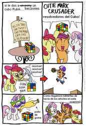 Size: 555x805 | Tagged: safe, artist:frank1605, artist:kturtle, character:apple bloom, character:scootaloo, character:sweetie belle, species:pegasus, species:pony, comic, cutie mark crusaders, rubik's cube, spanish, translation, tree sap