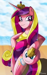 Size: 550x876 | Tagged: safe, artist:xjkenny, character:princess cadance, species:anthro, species:unguligrade anthro, arm hooves, beach, clothing, female, looking at you, milf, one-piece swimsuit, solo, swimsuit