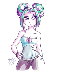Size: 1280x1536 | Tagged: safe, artist:ponut_joe, character:aria blaze, species:human, my little pony:equestria girls, alternate hairstyle, bare shoulders, belly button, clothing, female, hair bun, hand on hip, midriff, odango, pants, see-through, simple background, sleeveless, solo, strapless, white background